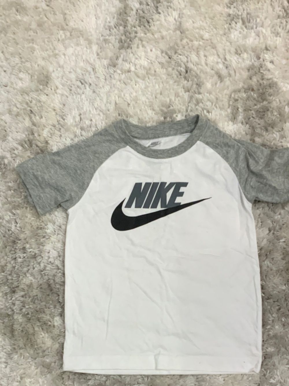 Nike White Tee with Gray Raglan Sleeves and Black Logo